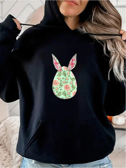 Women's Graphic Hoodie Floral Spring Motif With Soft Pastel Petals Delicate Bunny Silhouette Patterned Bunny