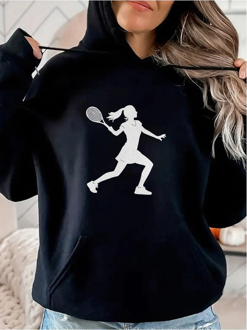Women's Graphic Hoodie Bold White Silhouette Of Female Athlete Playing Tennis Under Soft Shadows