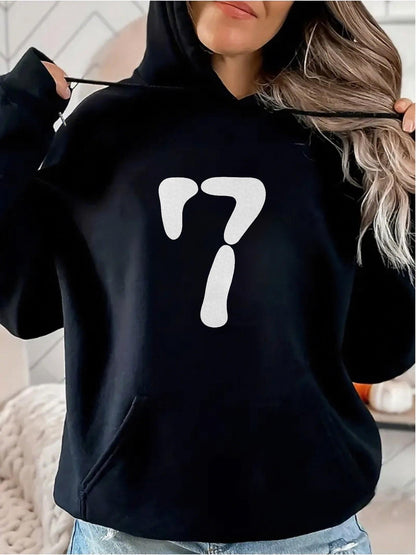 Women's Graphic Hoodie Bold White Abstract Numeric Design On Plain Casual Hoodie