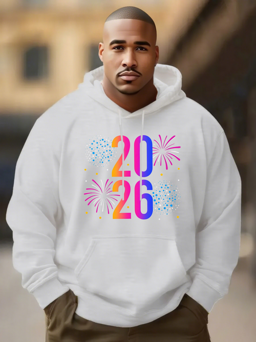 Men's Graphic Hoodie Vivid Colorful Fireworks Exploding Around Bright Numerical Date 2026