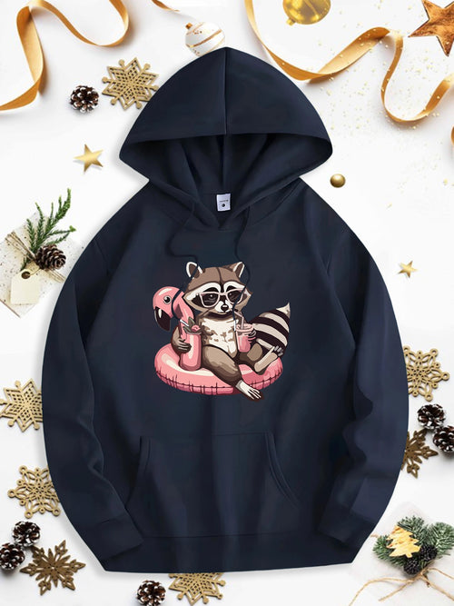 Men's Graphic Hoodie Relaxed Summer Scene With Sunglasses And Float Under Palm Leaves Raccoon