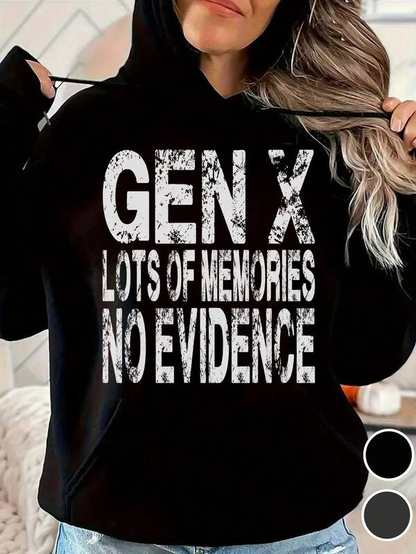 Women's Graphic Hoodie Gen X Lots Of Memories No Evidence Vintage Distressed Grunge Lettering On Black Hoodie