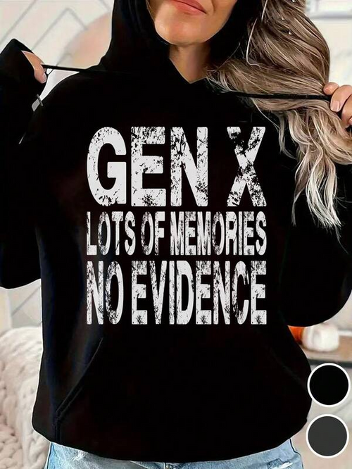 Women's Graphic Hoodie Gen X Lots Of Memories No Evidence Vintage Distressed Grunge Lettering On Black Hoodie