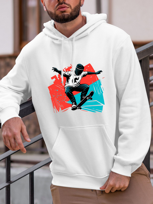 Men's Graphic Hoodie Energetic Urban Skateboarder Leaping Over Vibrant Color Blocks Skater