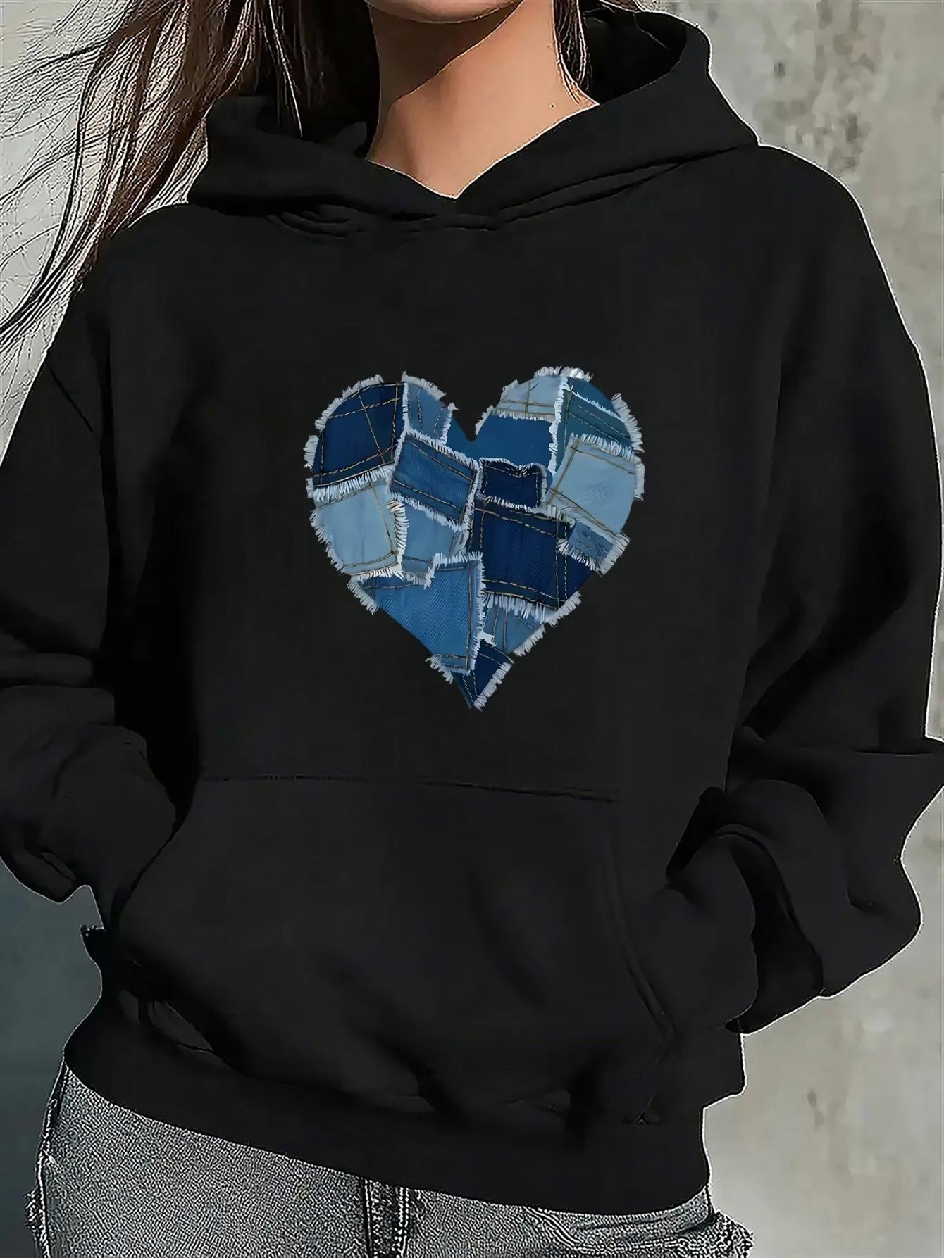 Women's Graphic Hoodie Patchwork Denim Textures Forming A Heart Shape Pattern Heart