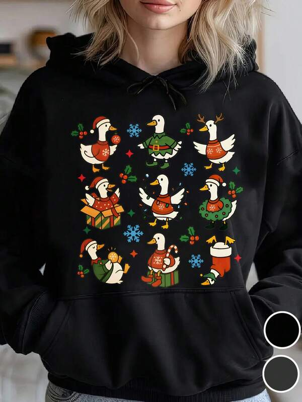 Women's Graphic Hoodie Merry Festive Holiday With Christmas Wreaths Presents Snowflakes Goose