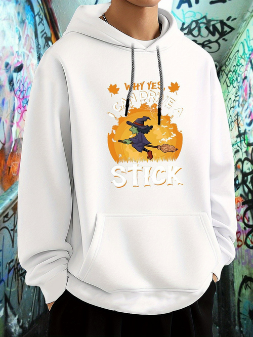 Men's Graphic Hoodie Wait Yes Autumn Leaves Flying With Orange Moon Witch Stick
