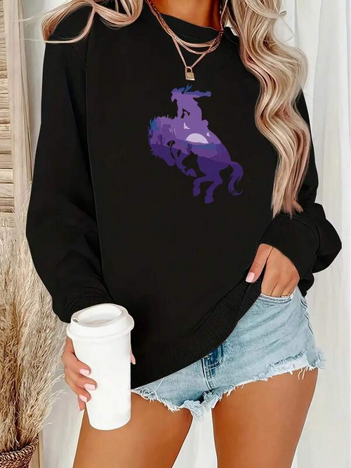 Women's Graphic Hoodie Mystical Night Sky With Galloping Wild Majestic Horse