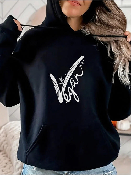 Women's Graphic Hoodie Handwritten White Lettering With Artistic Leaf Design Vegan