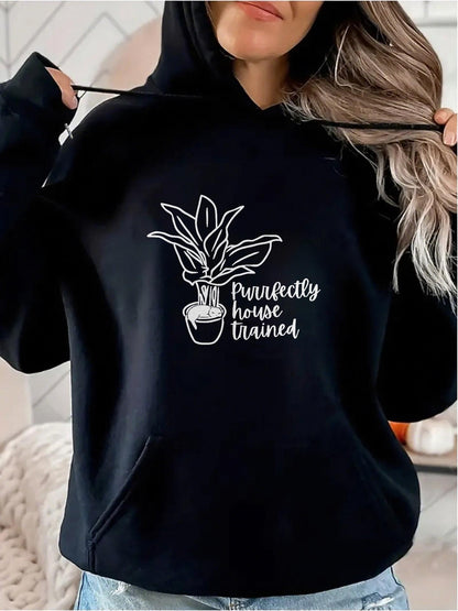 Women's Graphic Hoodie Purrfectly House Trained Potted Plant Line Drawing With Whimsical Leaves Hoodie
