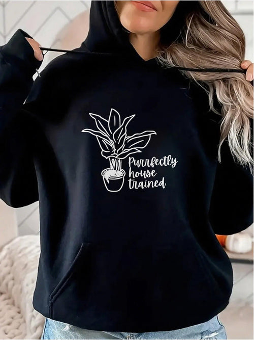 Women's Graphic Hoodie Purrfectly House Trained Potted Plant Line Drawing With Whimsical Leaves Hoodie