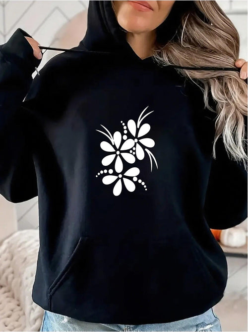 Women's Graphic Hoodie Simple White Floral Motif Gracefully Blooming On Black Hoodie Flower