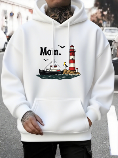 Men's Graphic Hoodie Sailing Ship With Calm Water Seagulls And Classic Striped Lighthouse
