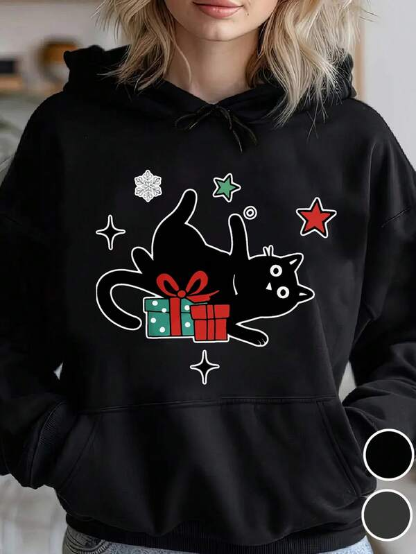 Women's Graphic Hoodie Playful Black Cat Among Festive Stars And Christmas Gift Box