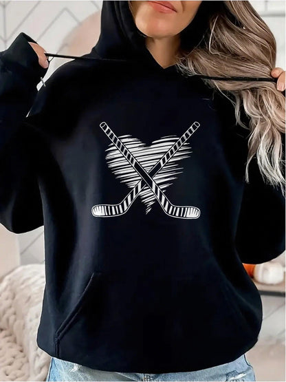 Women's Graphic Hoodie Striped Heart Shape With Crisscrossed Hockey Sticks Overlapping Stripe Pattern