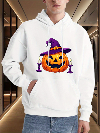 Men's Graphic Hoodie Purple Candles And Witch Hat With Smiling Halloween Pumpkin