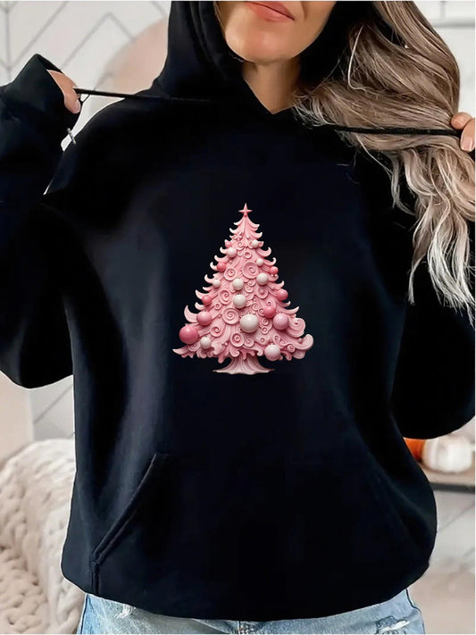 Women's Graphic Hoodie Shiny Pink Ornaments Festive Winter Holiday Christmas Tree