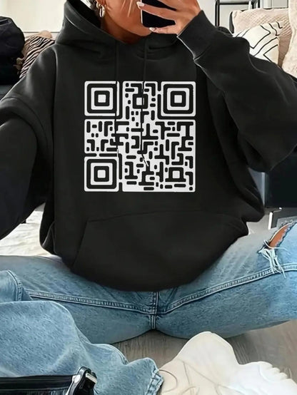 Women's Graphic Hoodie Bold Geometric Barcode Inspired Art With Square Pixel Shapes Hoodie