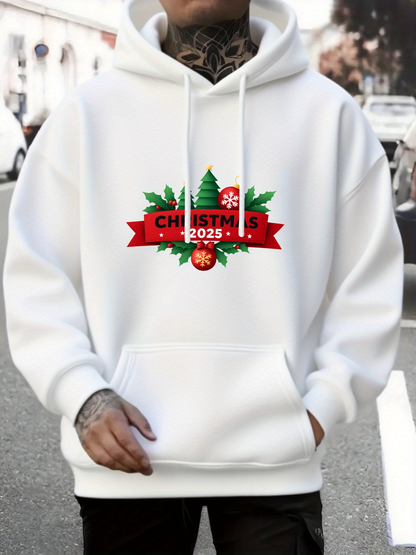 Men's Graphic Hoodie Christmas 2025 Holiday Greenery Leaves With Red Ribbon And Pine Tree