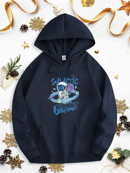 Men's Graphic Hoodie Galactic Adventure Floating Astronaut And Planets Among Blue Swirling Cosmos