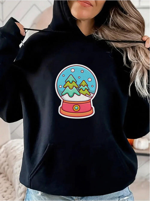 Women's Graphic Hoodie Cartoon Snowflakes Falling Inside Colorful Winter Forest Globe
