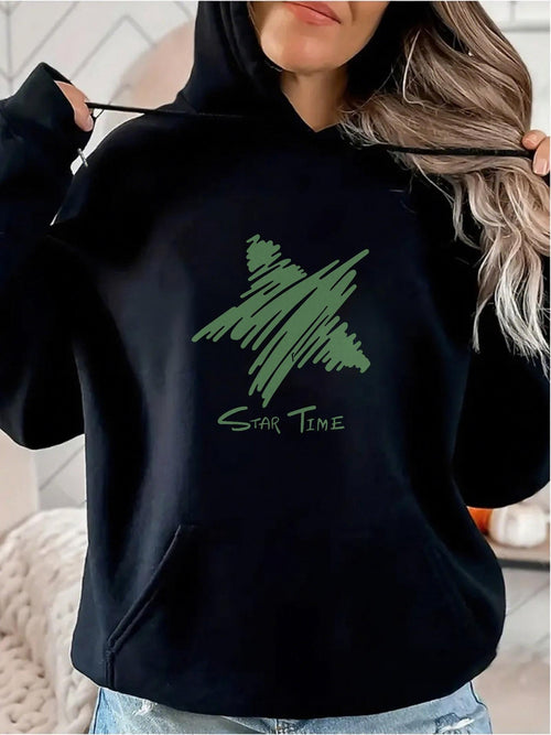 Women's Graphic Hoodie Star Time Green Scribbled Star With Abstract Artistic Accents Hoodie