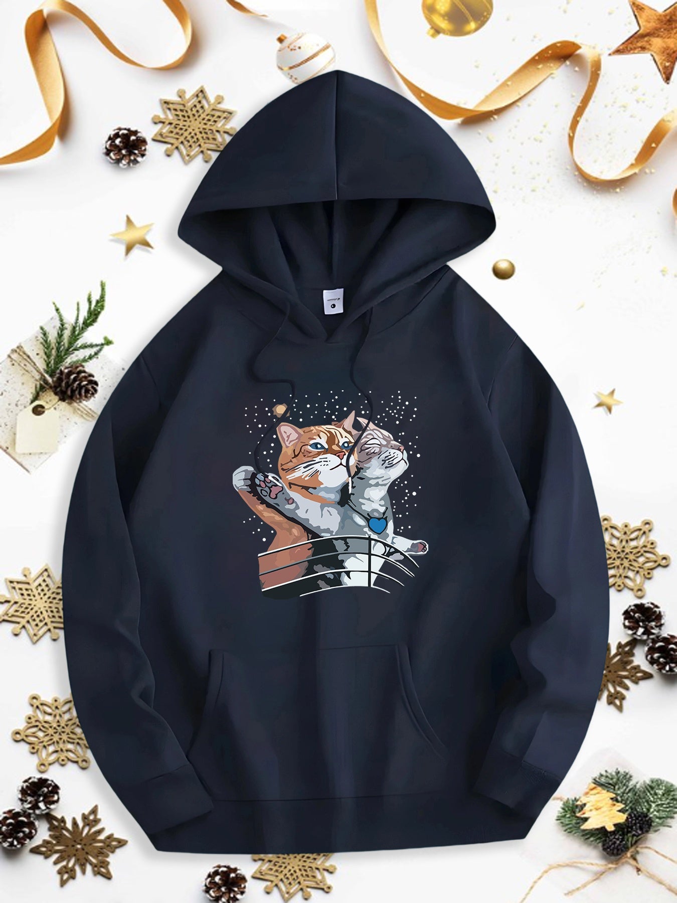 Men's Graphic Hoodie Snowy Night With Playful Orange Gray Cats On Bench
