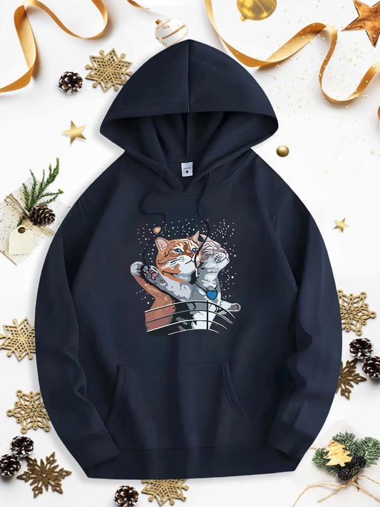 Men's Graphic Hoodie Snowy Night With Playful Orange Gray Cats On Bench