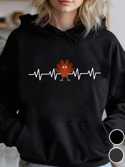 Women's Graphic Hoodie Heartbeat Line With Cartoon Turkey Under Watchful Eye Bird