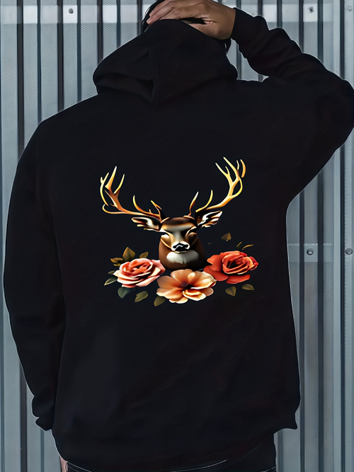 Men's Graphic Hoodie Colorful Floral Elements With Blossoming Roses Surrounding A Majestic Antlered Deer