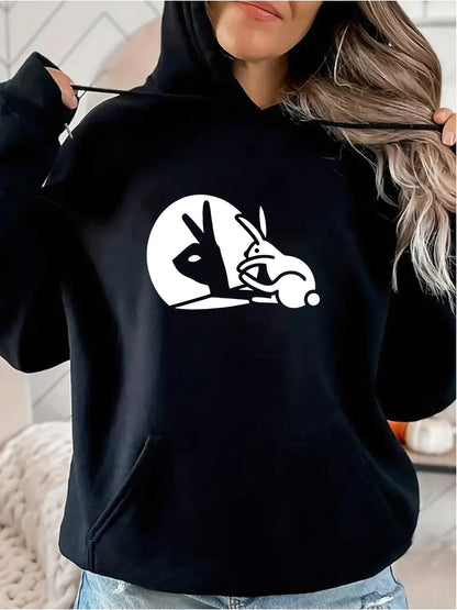 Women's Graphic Hoodie Playful Hand Shadow Silhouette With Cute Rabbit Under Full Moon