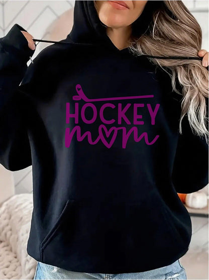 Women's Graphic Hoodie Hockey Mom With Heart Motif And Hockey Stick Among Bold Lettering Hoodie