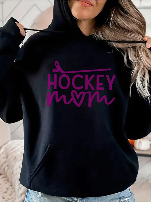 Women's Graphic Hoodie Hockey Mom With Heart Motif And Hockey Stick Among Bold Lettering Hoodie