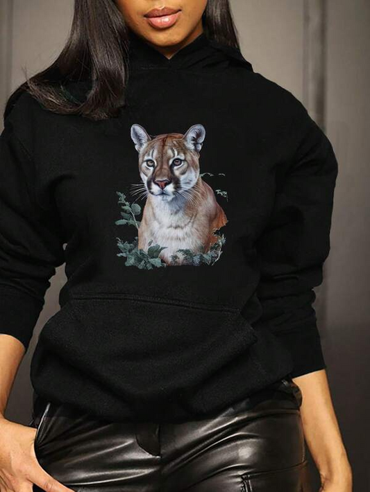 Women's Graphic Hoodie Lush Greenery With Realistic Brushwork Surrounding A Pristine Wild Cougar