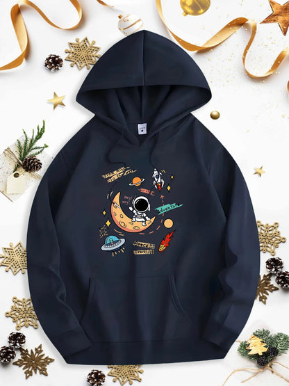 Men's Graphic Hoodie Colorful Planets Spaceships And Crescent Moon Exploring Space Astronaut