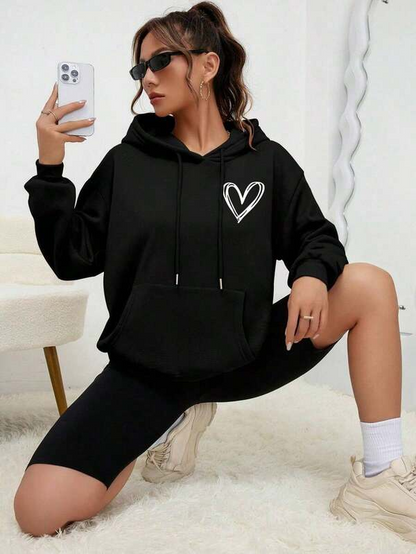 Women's Graphic Hoodie Outlined Heart Graphic Minimalist Style Black Hoodie