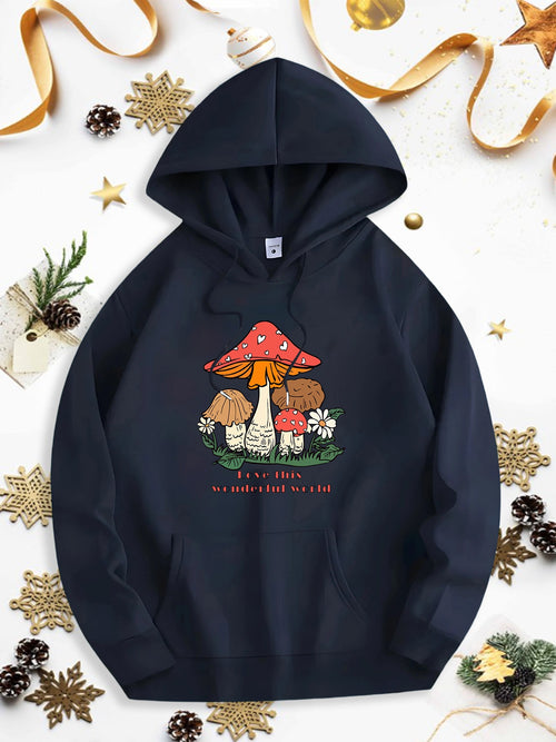 Men's Graphic Hoodie Magical Autumn Mushrooms With Floral Accents Growing Under Tall Forest Mushroom