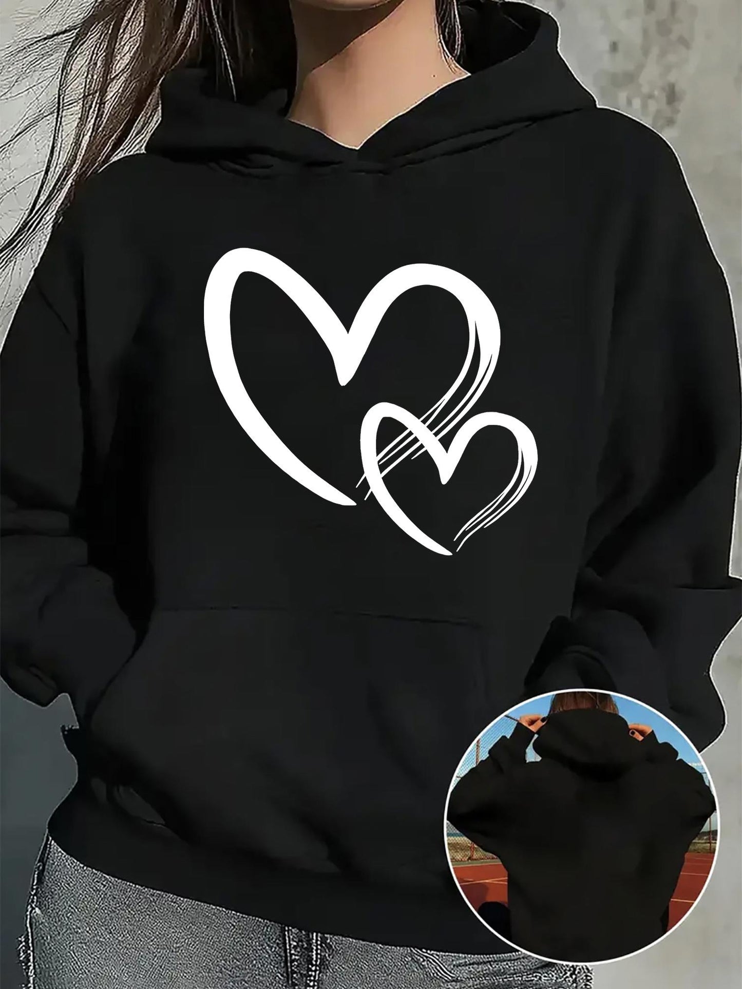 Women's Graphic Hoodie Two Interlocking White Hearts With Artistic Flowing Lines Hoodie