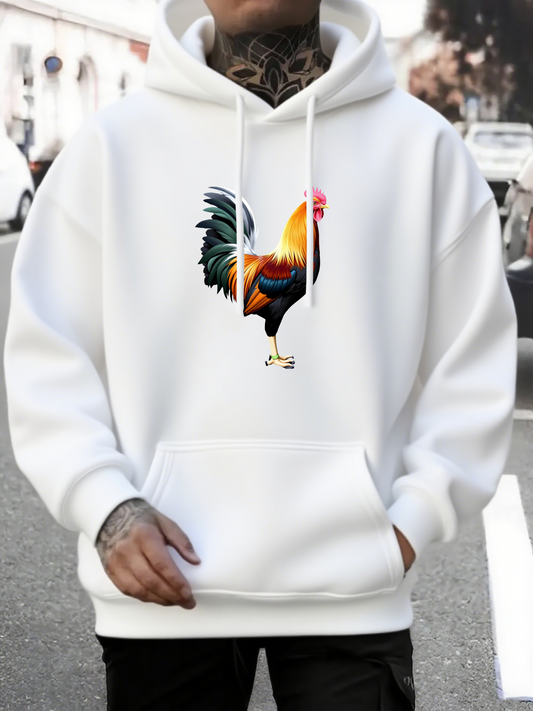 Men's Graphic Hoodie Urban Sunrise With Vibrant Feathers Among City Lights Rooster