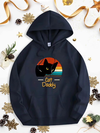 Men's Graphic Hoodie Cat Daddy With Vintage Rainbow Silhouette And Playful Black Cat
