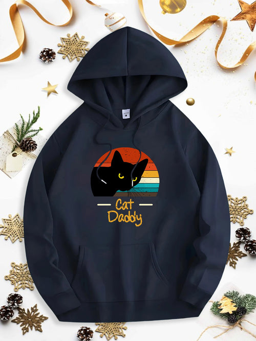 Men's Graphic Hoodie Cat Daddy With Vintage Rainbow Silhouette And Playful Black Cat