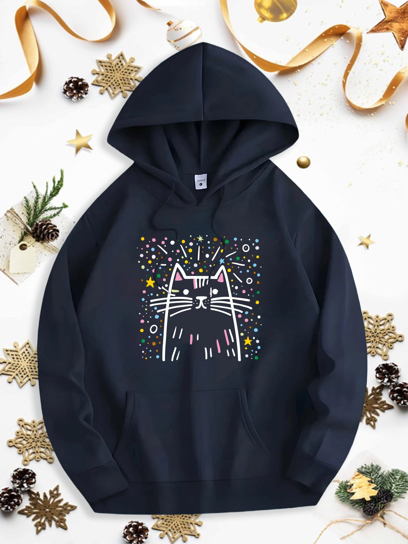 Men's Graphic Hoodie Colorful Confetti And Starbursts Surrounding Playful Cat