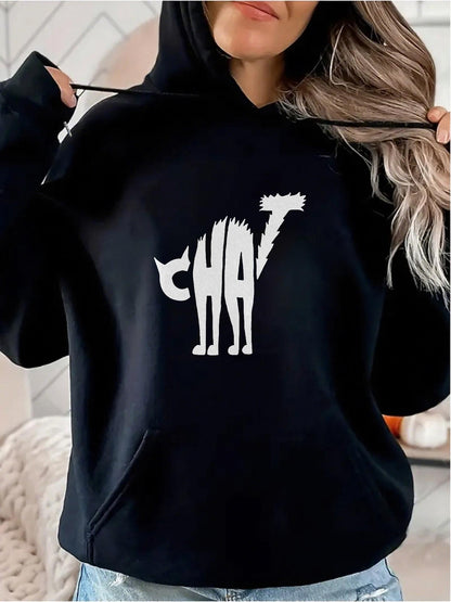 Women's Graphic Hoodie Creative Graphic White Lettering Forming The Shape Of Angry Cat