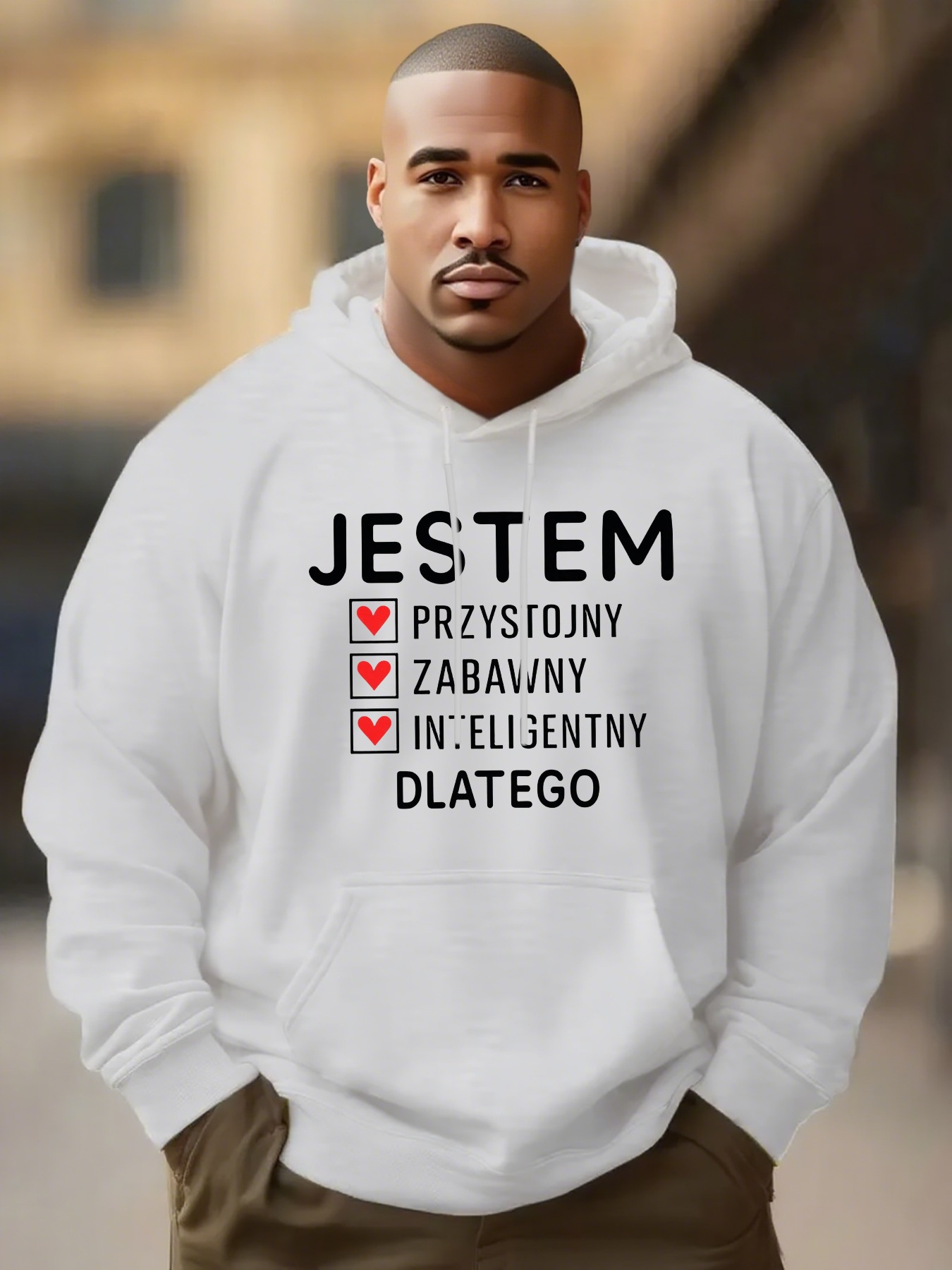 Men's Graphic Hoodie Polish text and heart checkmarks