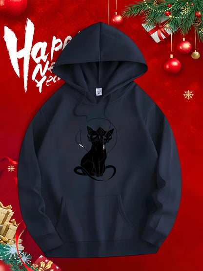 Men's Graphic Hoodie Mysterious Night With Cigarette And Smoky Aura Black Cat