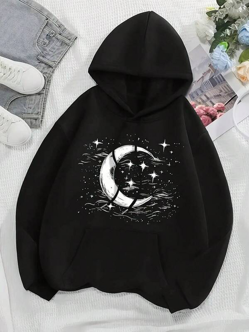 Women's Graphic Hoodie Shining Crescent Moon With Scattered Stars In Night Sky Hoodie