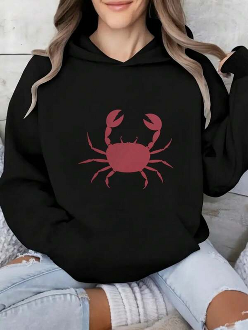 Women's Graphic Hoodie Minimalist Red Silhouette Crab On Solid Black Hoodie