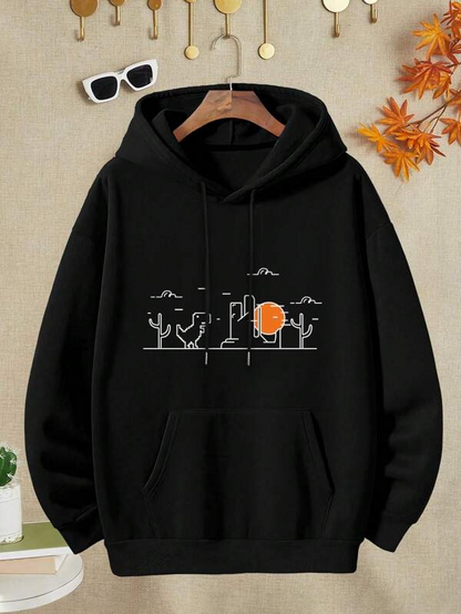 Women's Graphic Hoodie Desert Landscape With Cacti Sun And Walking Dinosaur