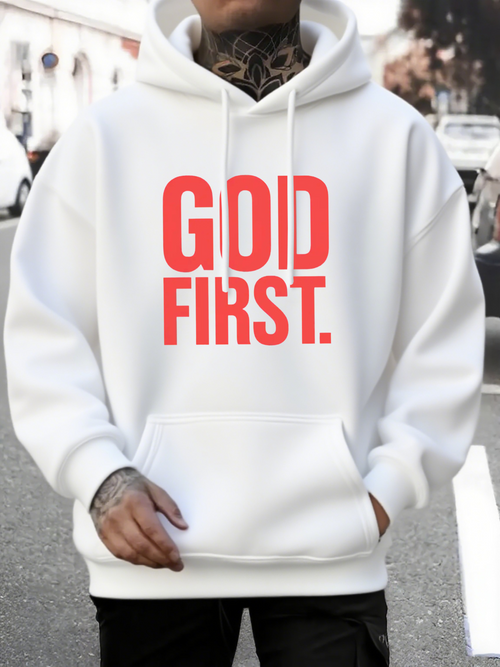 Men's Graphic Hoodie God First Bold Red Letters On Clean White Hoodie