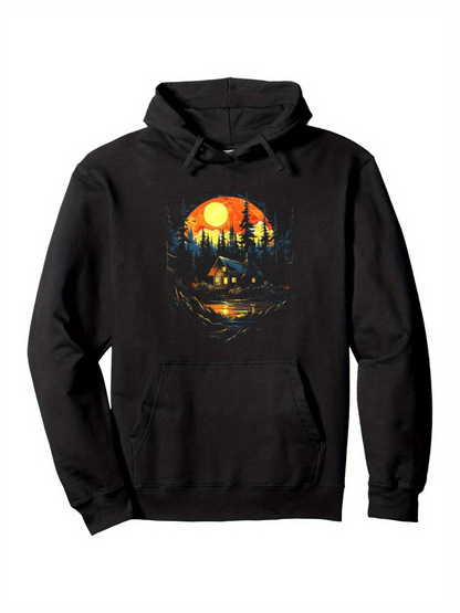 Men's Graphic Hoodie Vivid Mountain Sunset Reflected In The Lake With Tall Pine Trees Cabin
